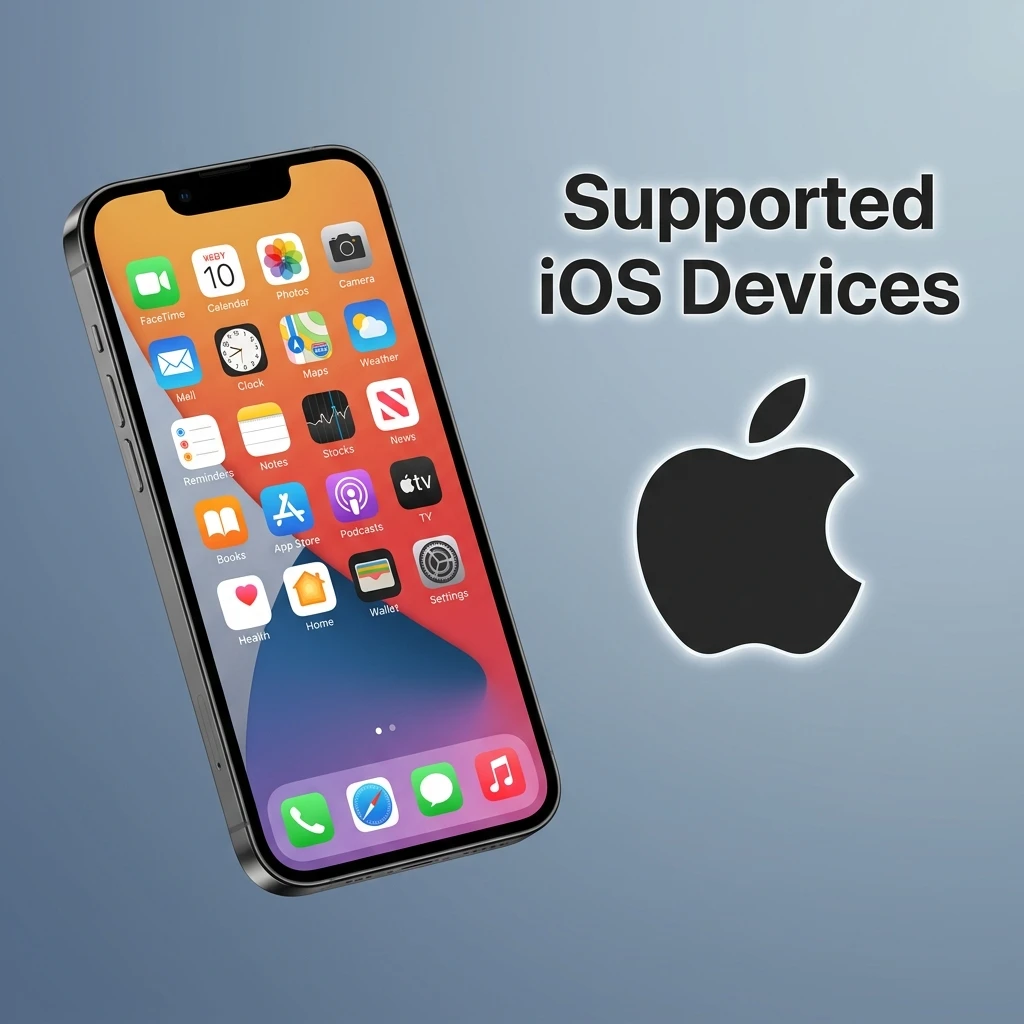 List of supported Apple iOS devices including iPhone SE, iPhone 12 to 15 series, iPad Air and iPad Mini running iOS 12 or later