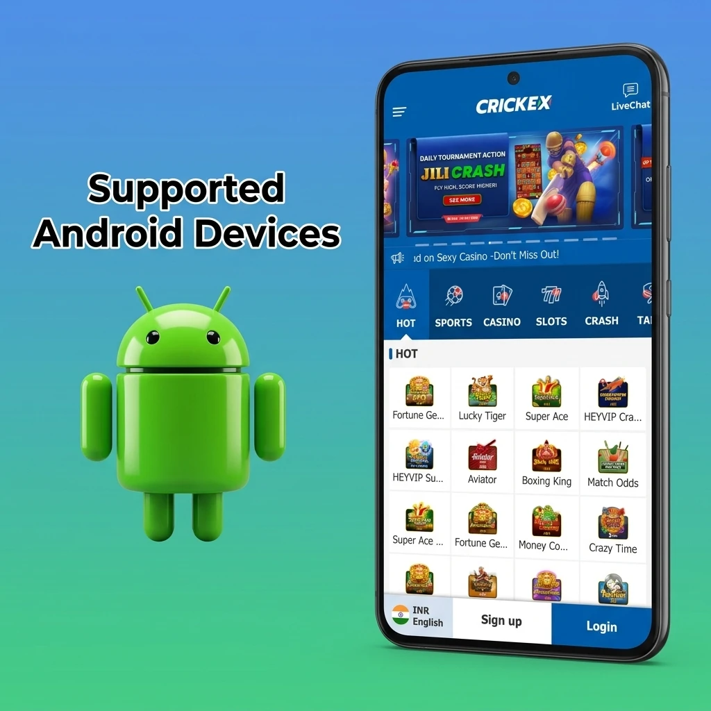 Android devices supported by Crickex Aviator app including budget Redmi 9A, mid-range OnePlus Nord, flagship Samsung Galaxy S24