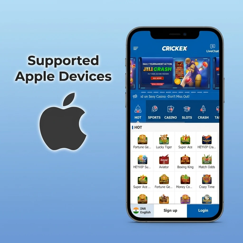 List of supported Apple devices for Crickex Aviator app including iPhone SE to iPhone 15 and iPad models running iOS 12 or later